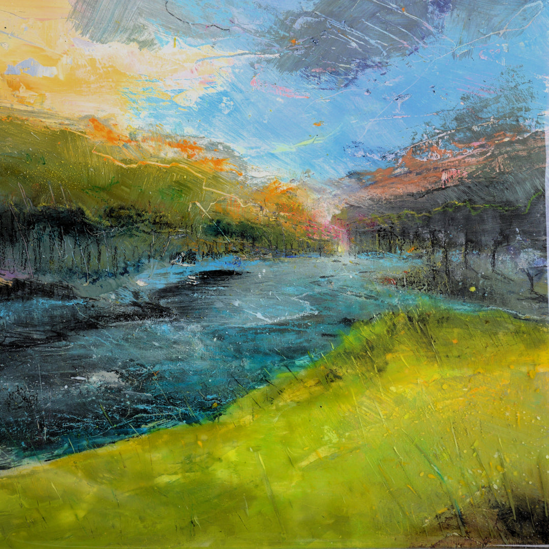 Abstract landscape painting with a river, trees, and colorful sky.