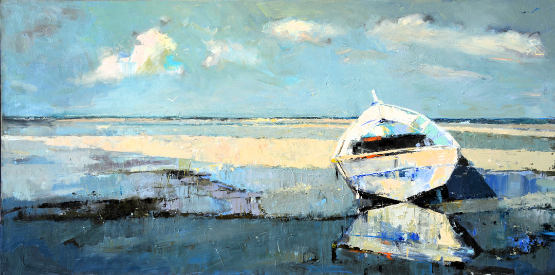 Painting of a boat on water with a blue sky and clouds.