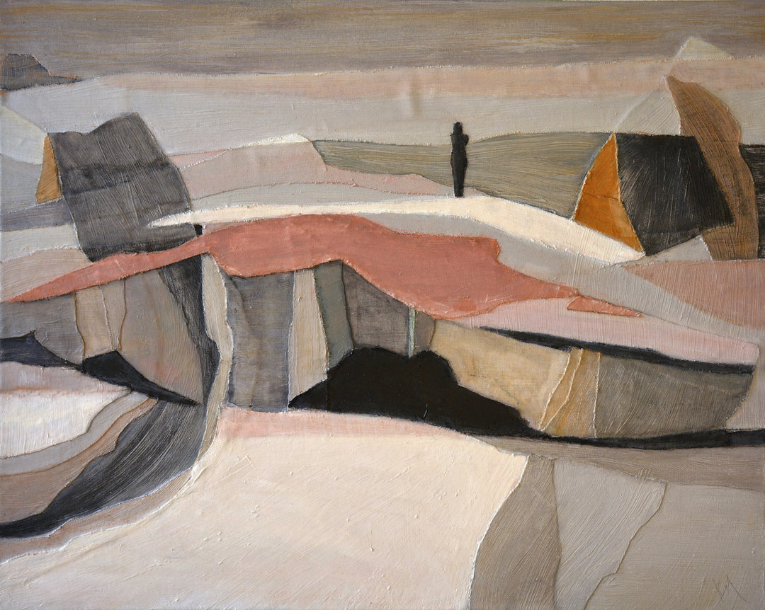 Wabi Sabi Abstract  landscape art collage with geometric shapes in earthy tones