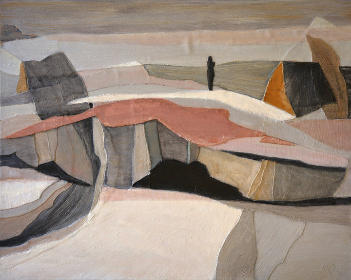 Wabi Sabi Abstract  landscape art collage with geometric shapes in earthy tones