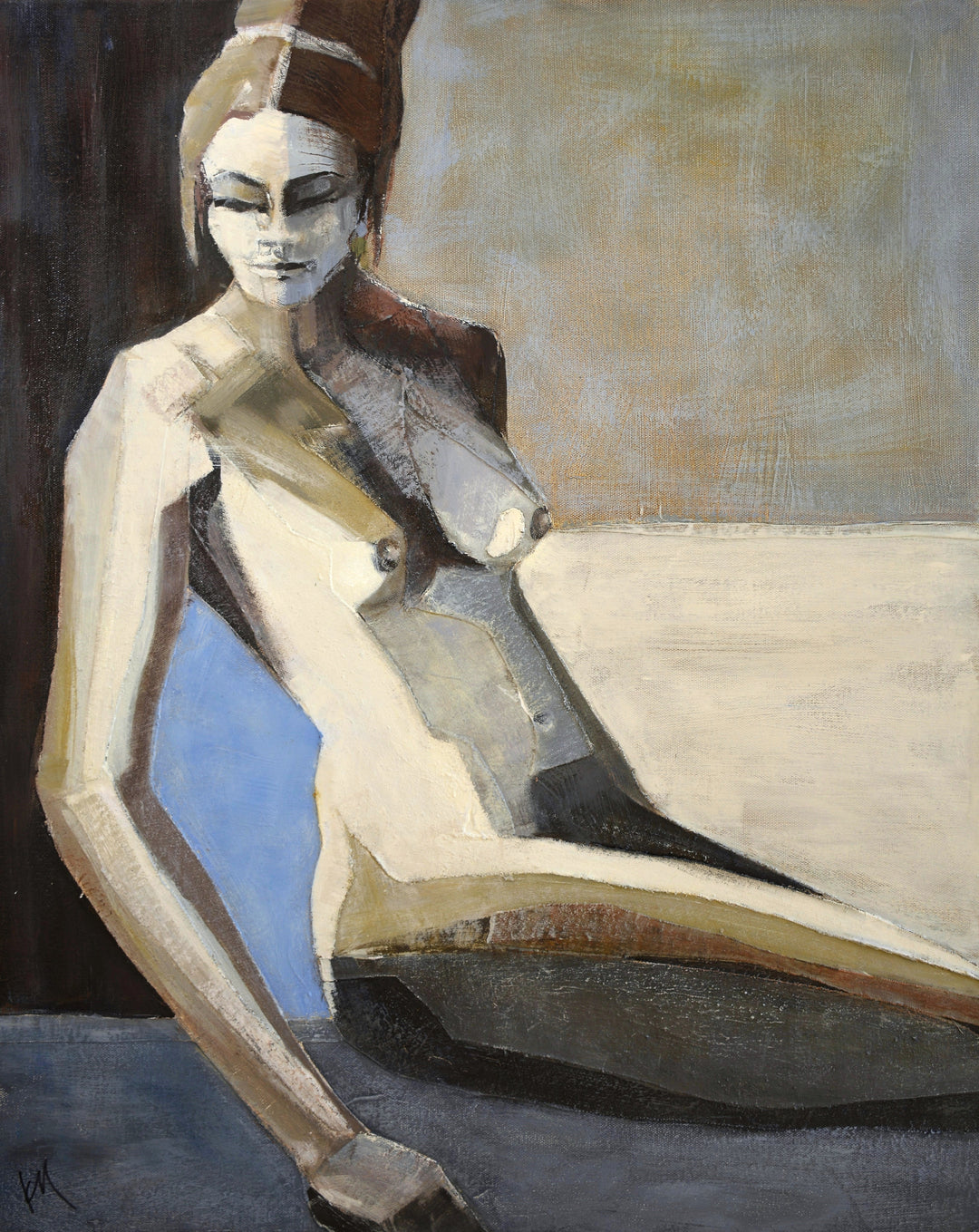 Abstract collage painting of a woman nude figure with a neutral expression 