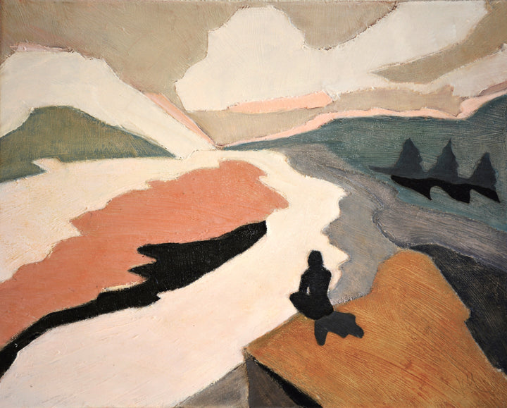 Abstract collage landscape with a silhouette of a person sitting on a rock.