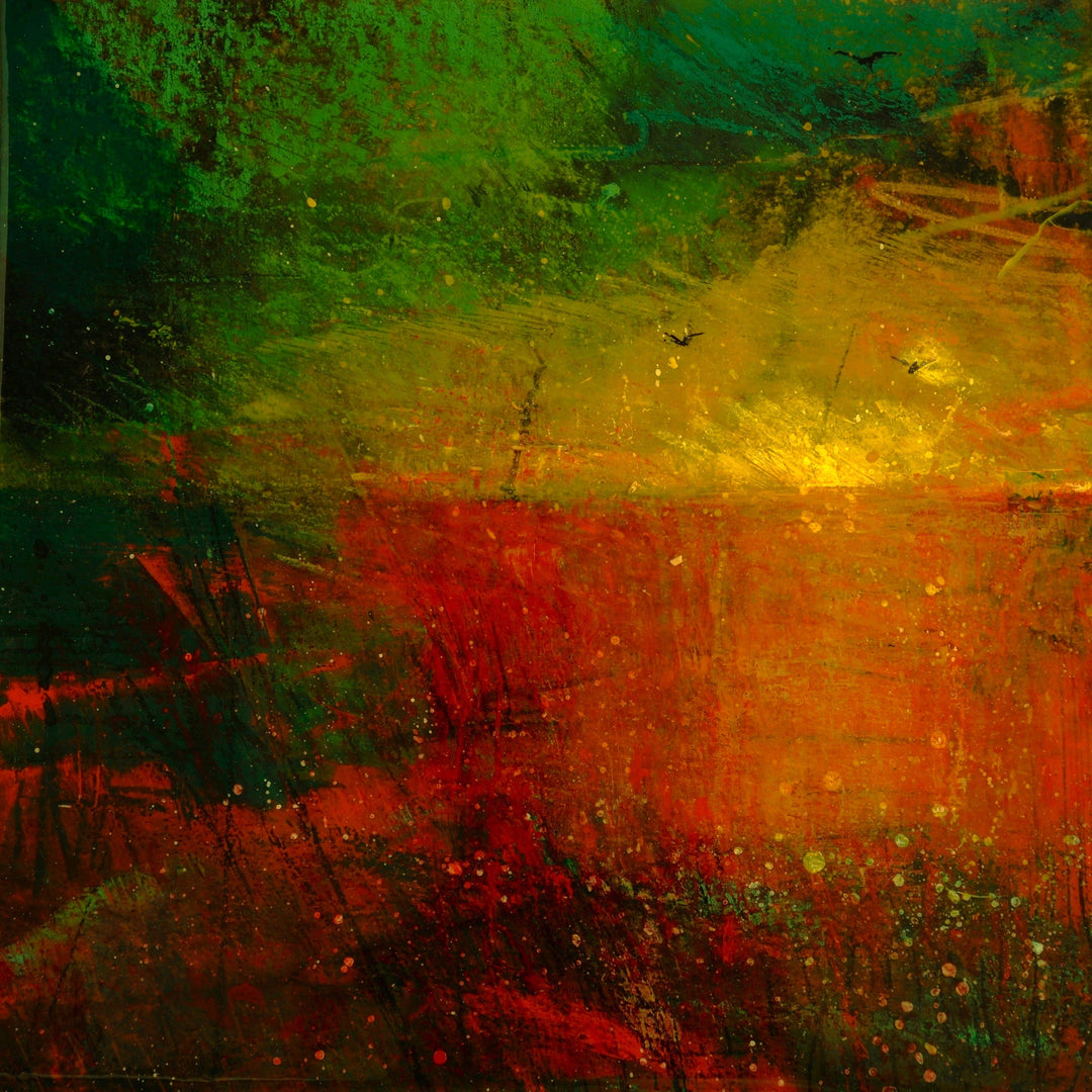 Abstract painting with a mix of green, orange, and red colors.