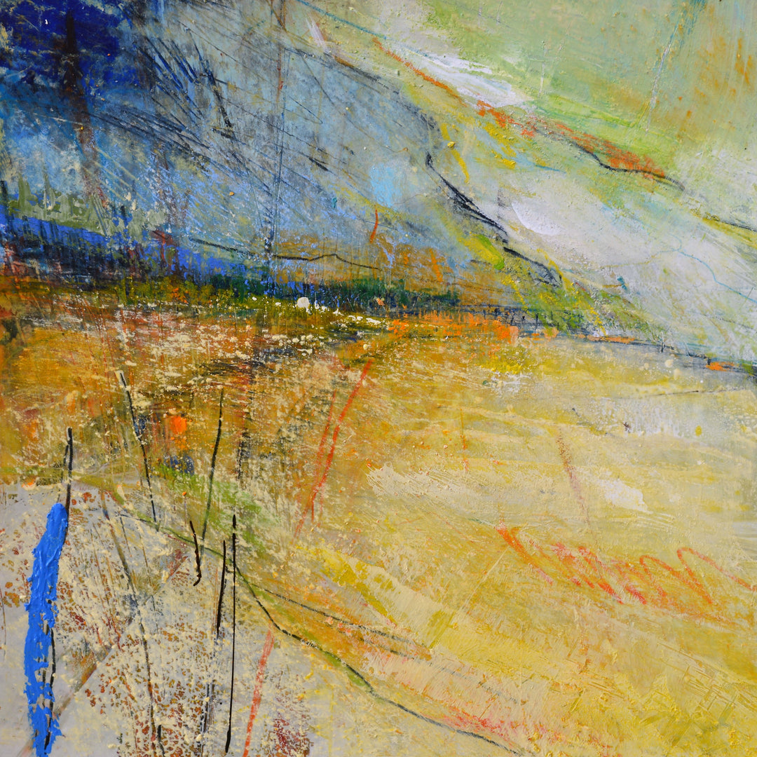 Expressionist landscape painting with a mix of blue, green, orange, and yellow colors.