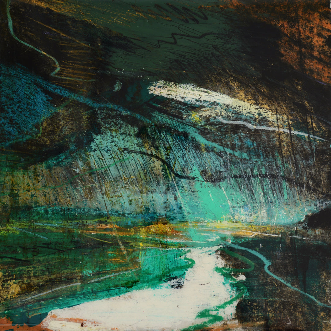 Abstract landscape art with teal green, brown, and white colors