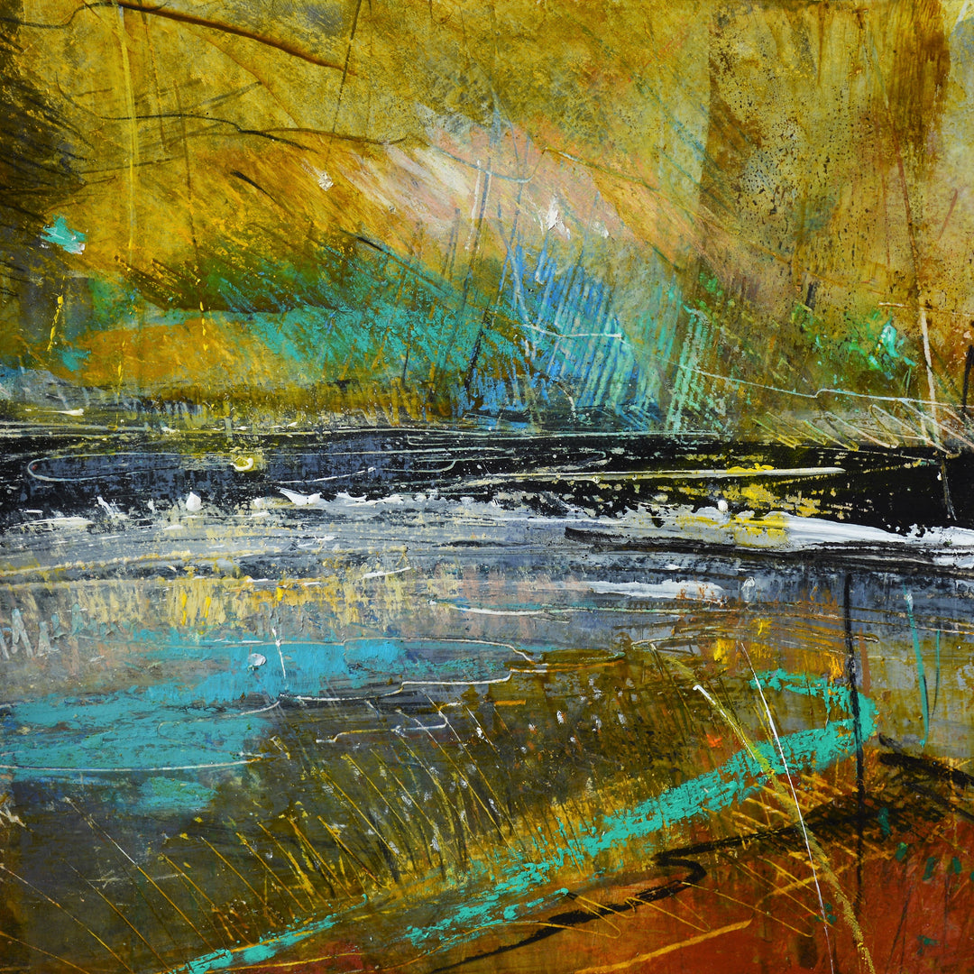 Abstract beach landscape painting with a mix of  gold, brown, blue, and black colors.