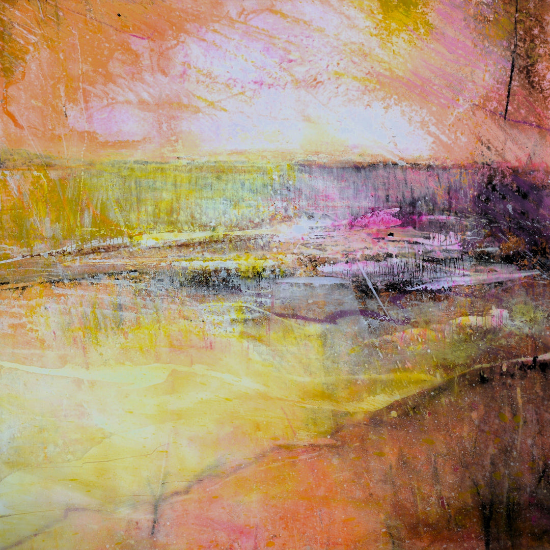 Abstract landscape painting with warm colors and brush strokes
