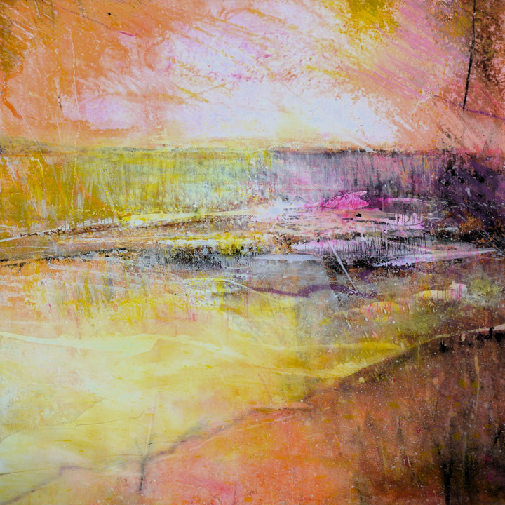 Abstract landscape painting with warm colors and brush strokes