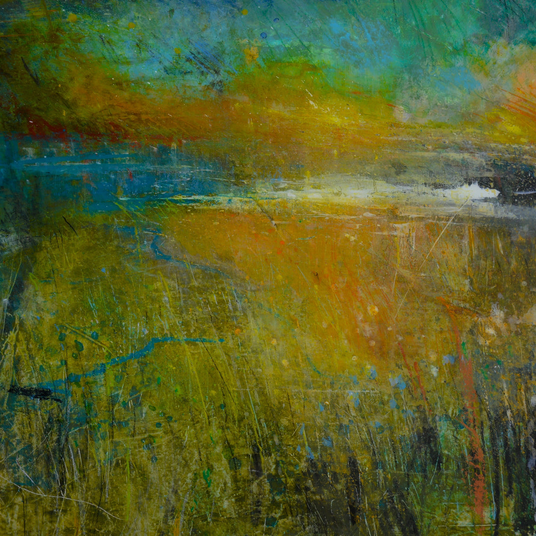 Abstract landscape painting with a mix of green, blue, and orange colors.
