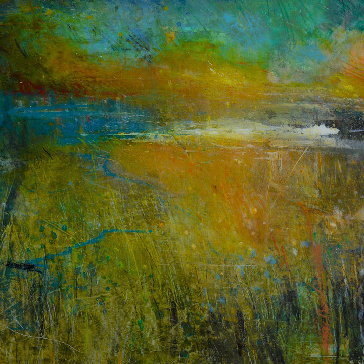 Abstract landscape painting with a mix of green, blue, and orange colors.