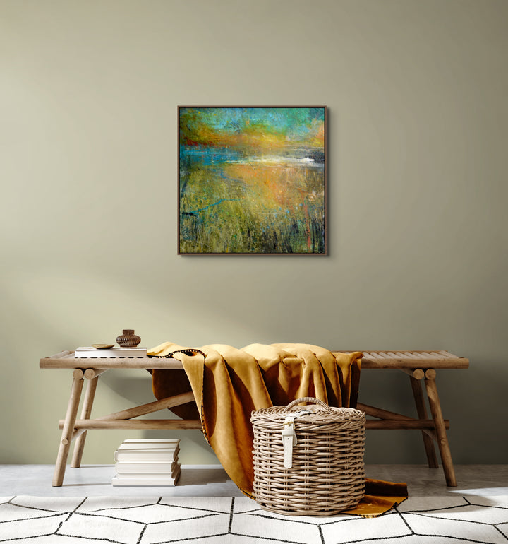 Aqua and orange abstract resin art on a wall .