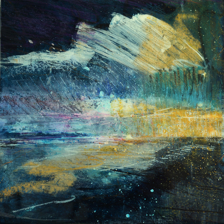 Abstract resin painting with blue, yellow, and white colors on a dark background