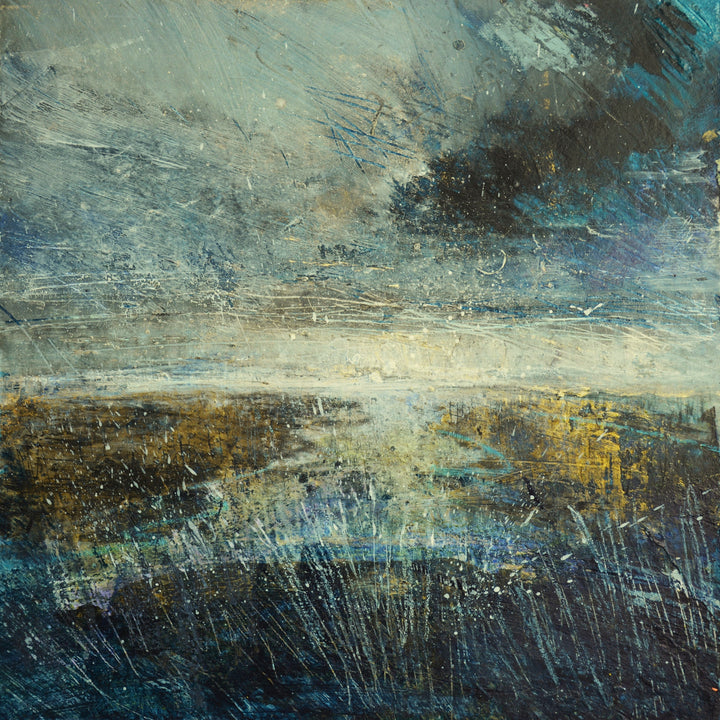 Small square abstract painting with textured brushstrokes in blue, brown, and black.