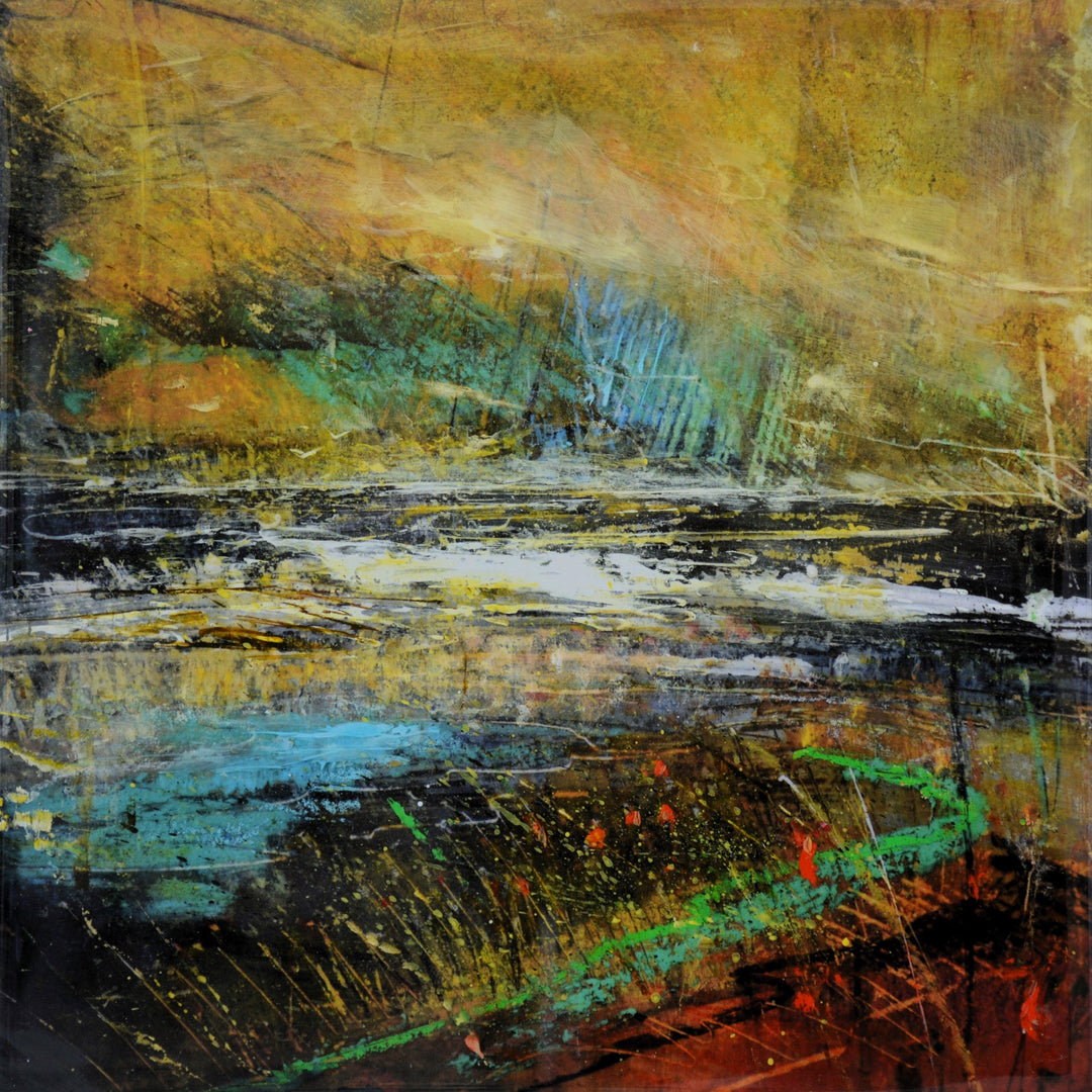 A resin-coated cradled panel painting featuring abstract evening colors.