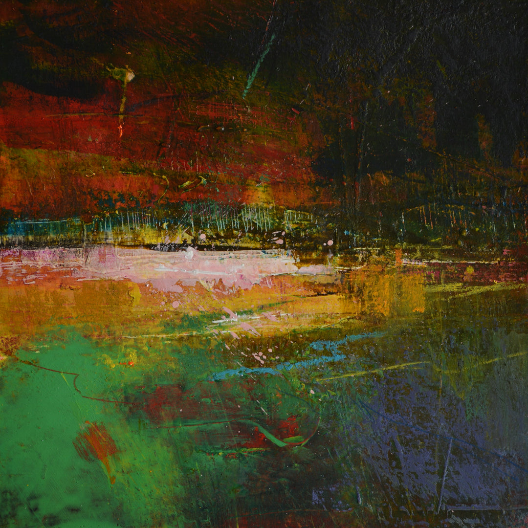 Abstract resin coated painting with a mix of green, orange, and red colors.
