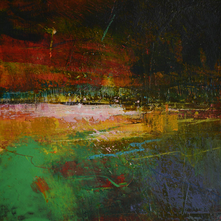 Abstract resin coated painting with a mix of green, orange, and red colors.