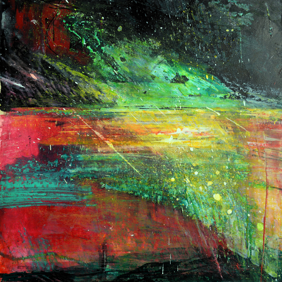 An abstract landscape artwork with a vibrant mix of jewel tone colors including red, green, yellow, and purple, creating a sense of depth and movement.