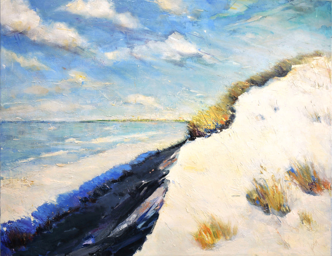 Painting of a coastal scene with a blue sky, water, and sandy beach.