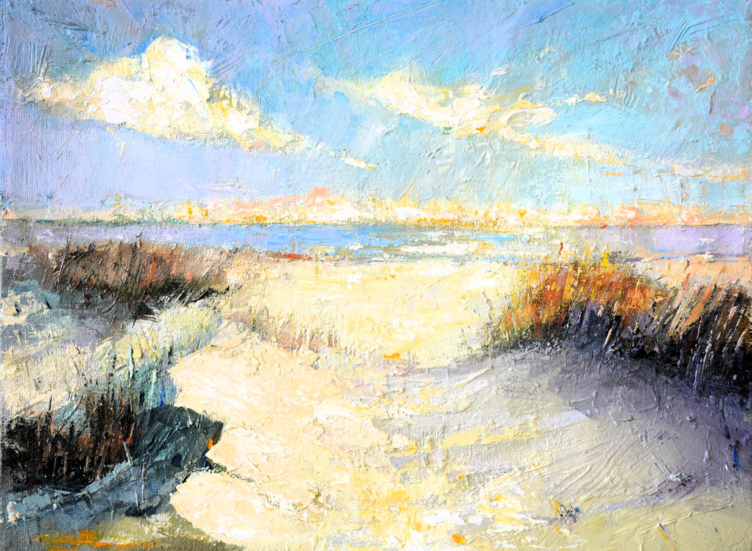 Painting of a coastal scene with a sunset over water and grassy area.