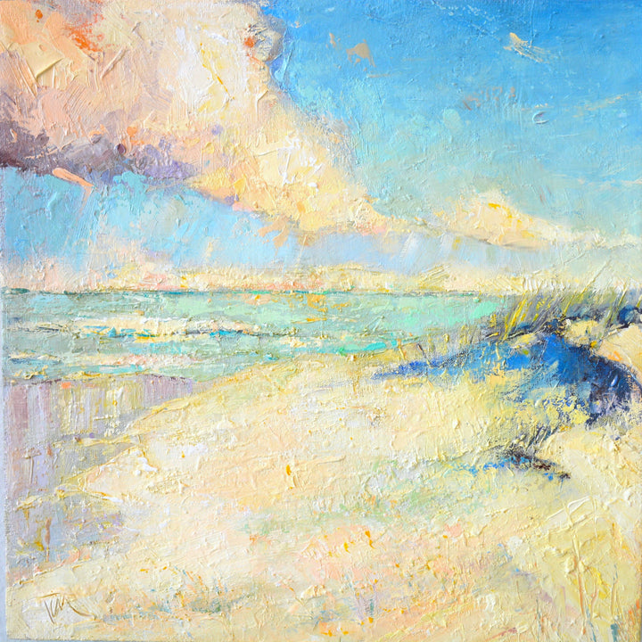 Abstract landscape  painting with soft colors and textures of a beach and ocean.