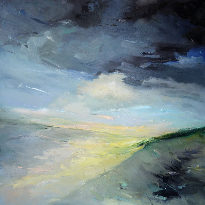 Abstract sand dunes painting with a mix of blue, yellow, and black colors.