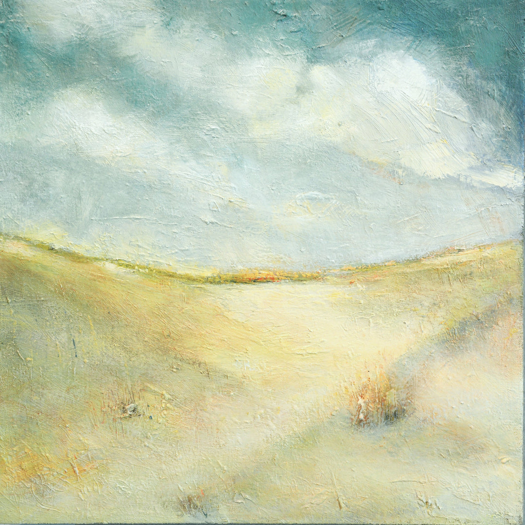 Abstract sand dunes beach painting with a gradient of blue, white, and beige