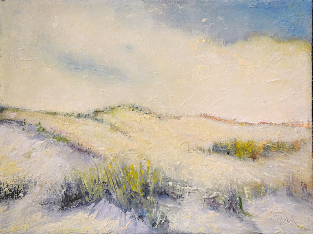 Painting of a beach grass landscape under a blue sky with sand dunes.
