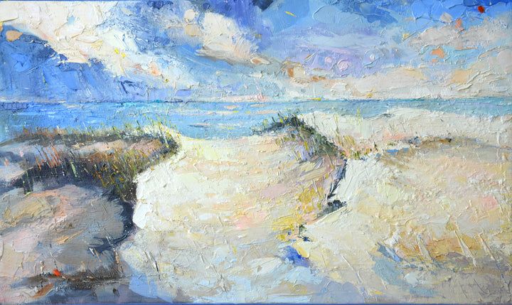 Painting of a coastal scene with dunes and ocean