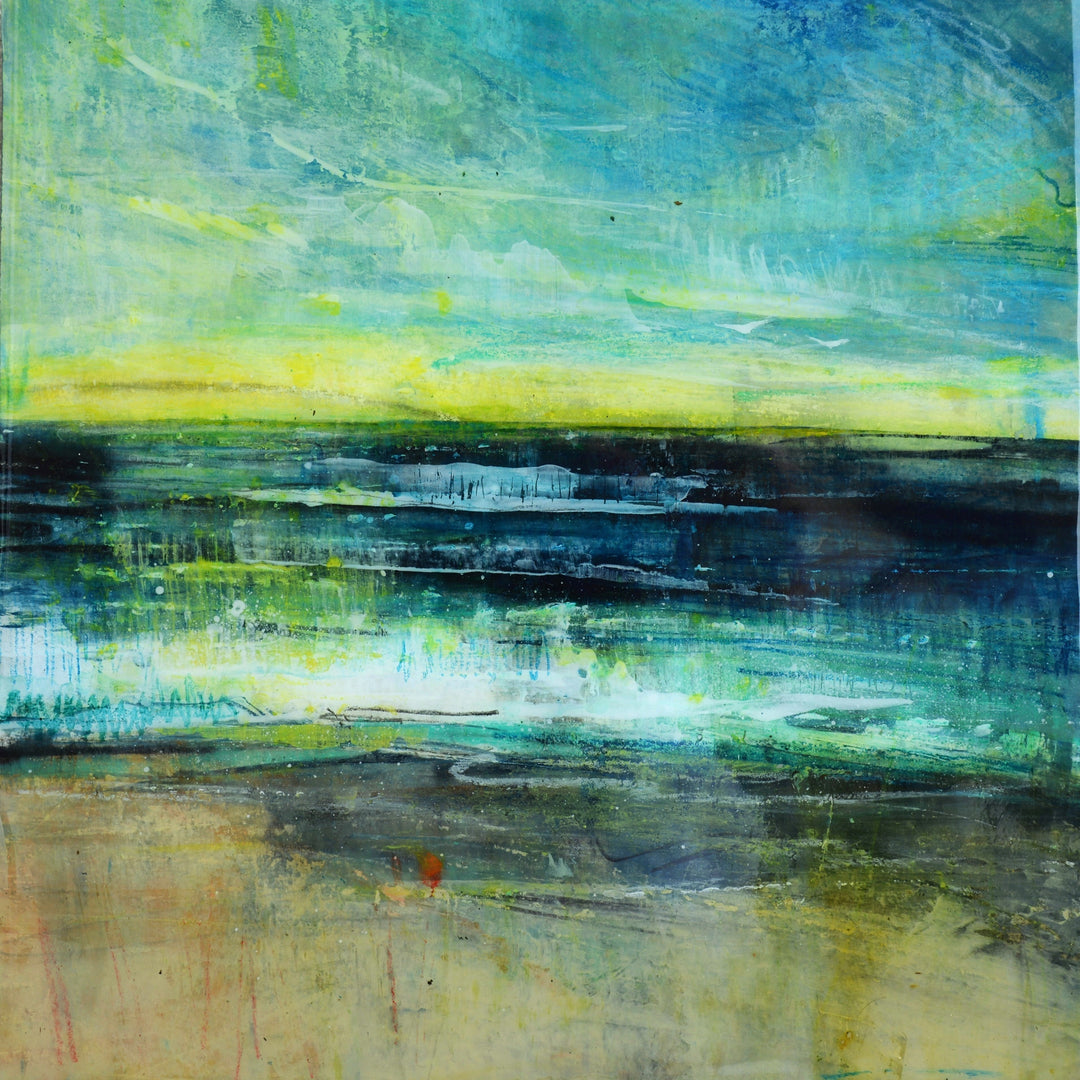 Abstract painting with a gradient of blue, green, and yellow hues.