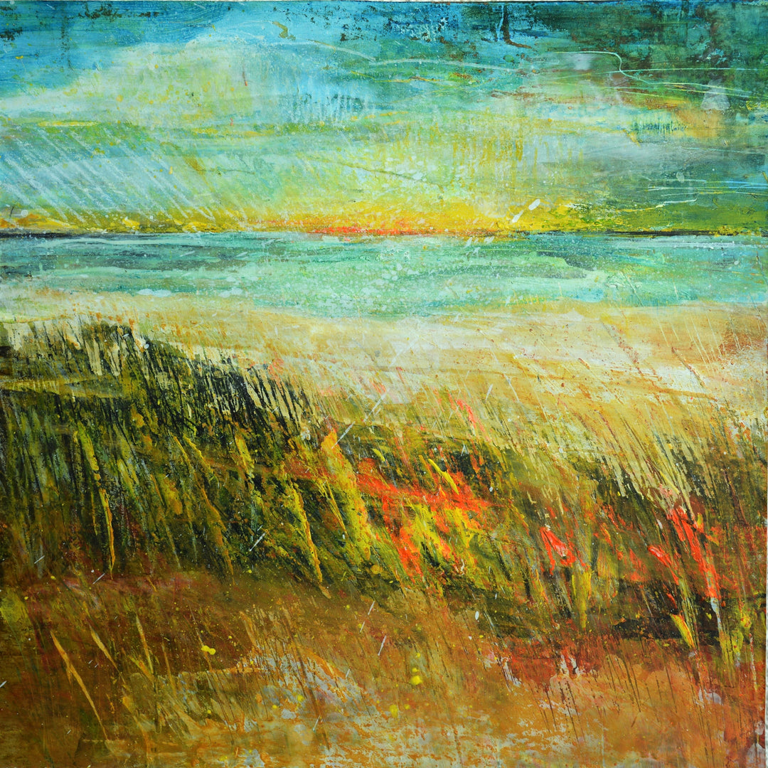 An abstract sunrise coastal themed painting featuring a blend of warm and cool colors on a resin-coated cradled panel.