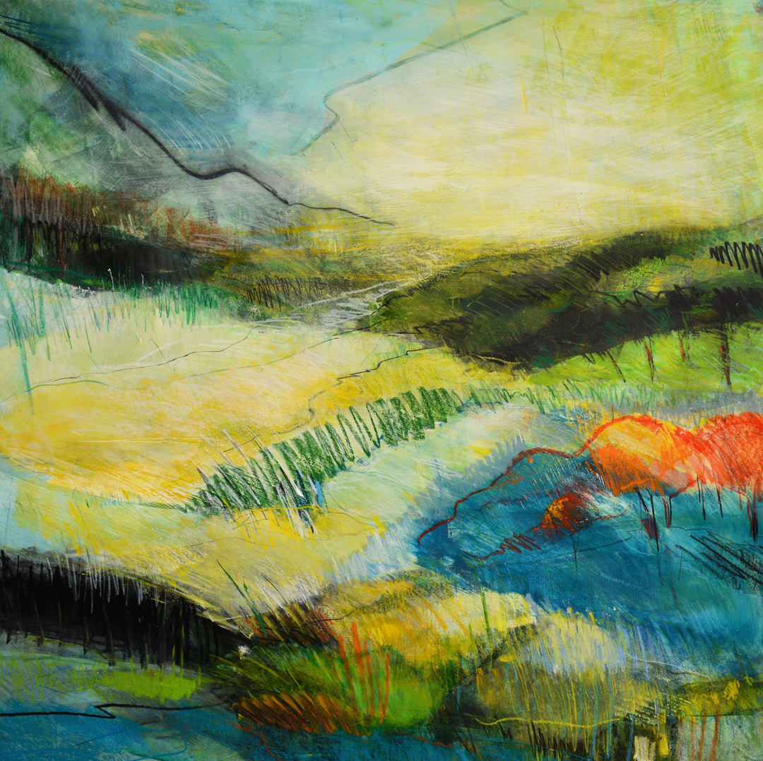 Abstract landscape painting with colorful brush strokes