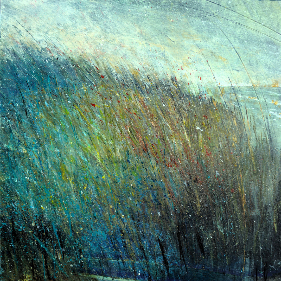 Kim McAninch abstract painting with horizontal brush strokes in various colors