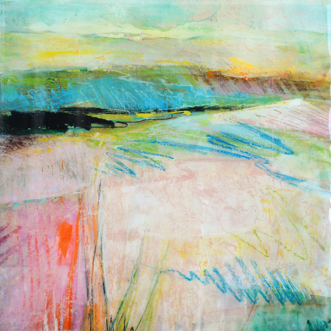 Aqua and pink abstract landscape  painting with colorful brush strokes on a textured surface