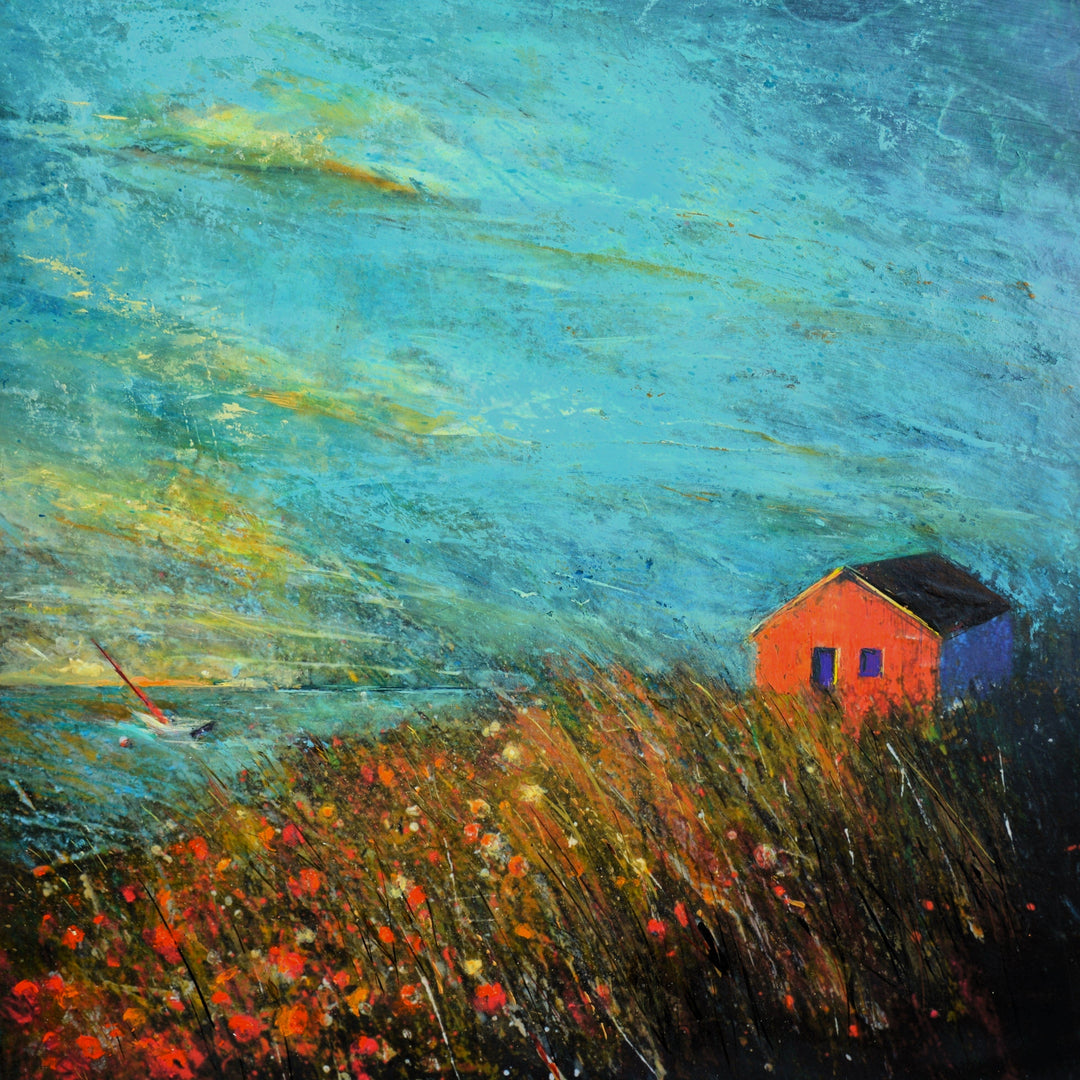 Painting of a small red house on a grassy field with a blue sky.