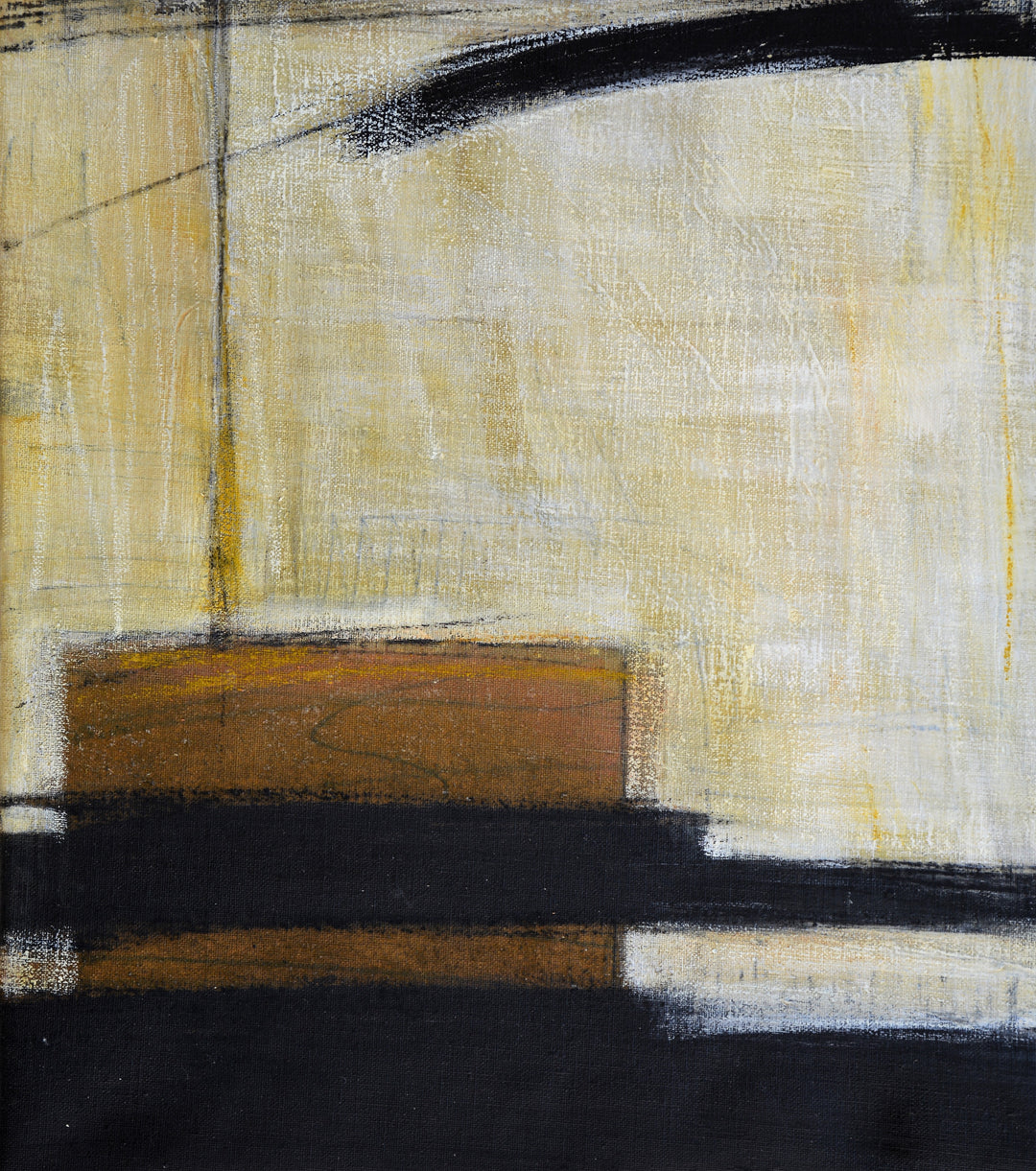 Minimalist wabi sabi abstract art with black, golf, yellow, and brown colors on a textured surface.