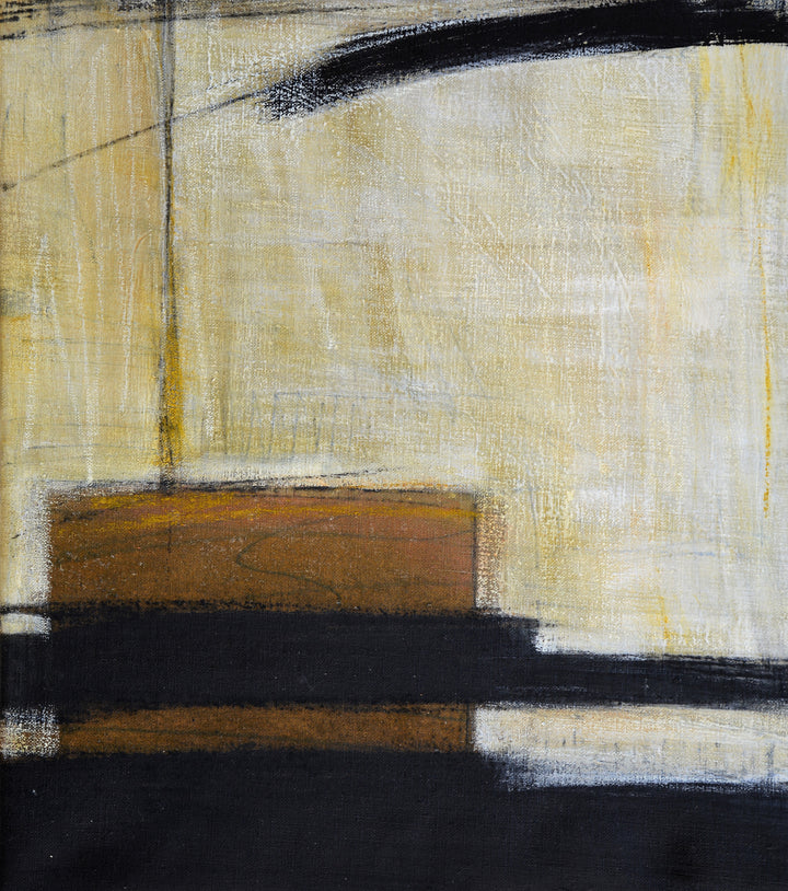 Minimalist wabi sabi abstract art with black, golf, yellow, and brown colors on a textured surface.