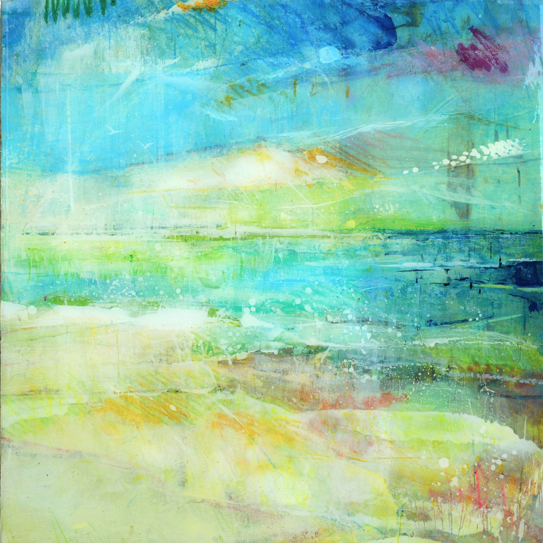 Small beach art ocean abstract painting with a mix of blue, green, and yellow colors.