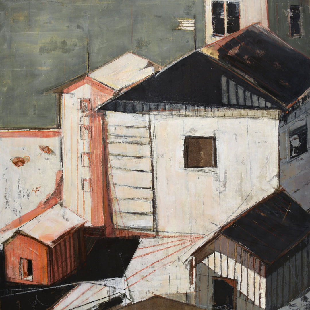 Abstract painting of buildings with geometric shapes and contrasting colors