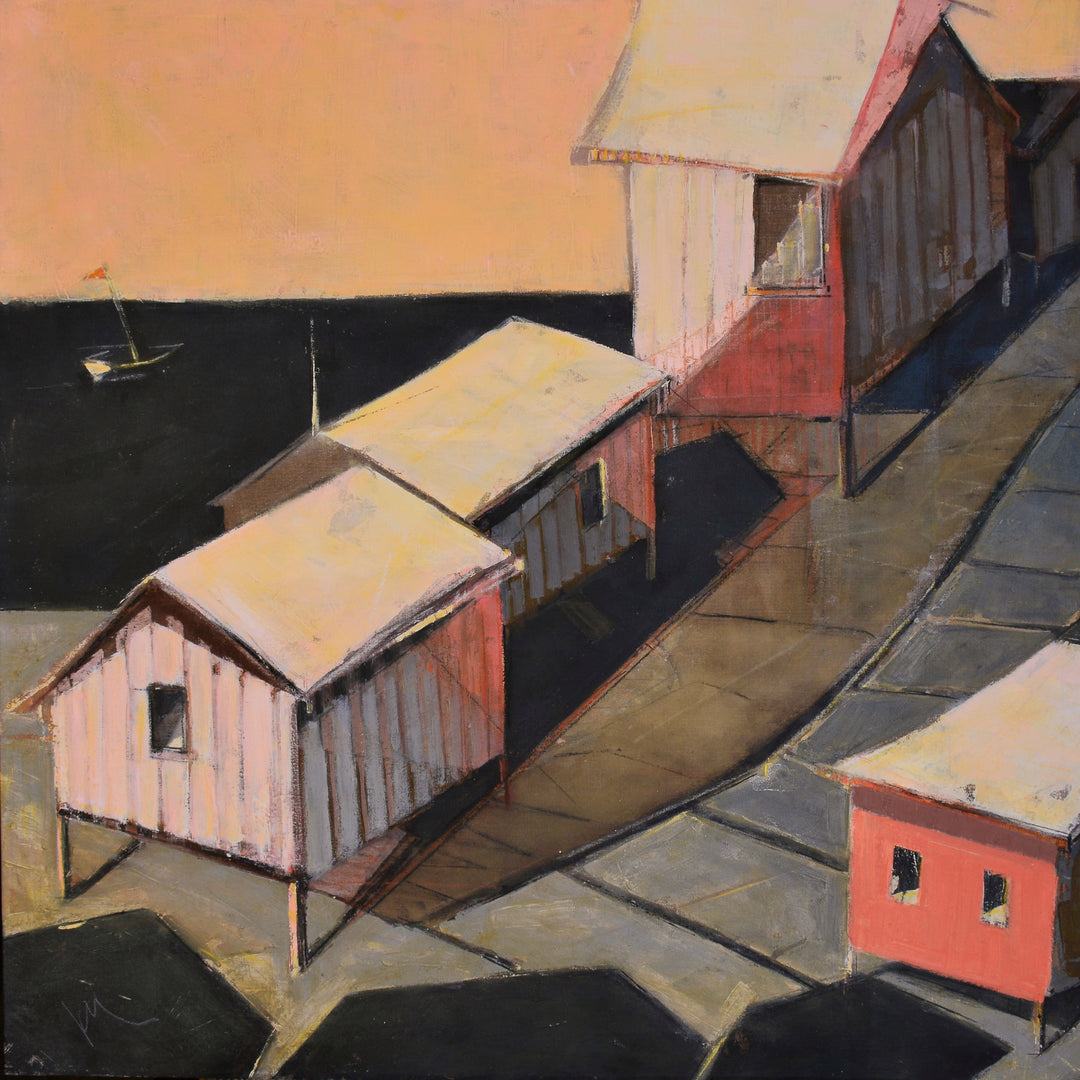 Painting of small houses by a body of water with a boat.