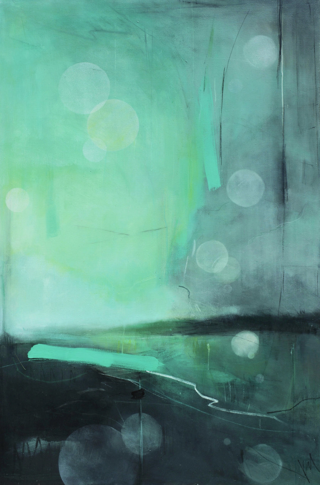 Large vertical rectangular abstract artwork with aqua green and black tones