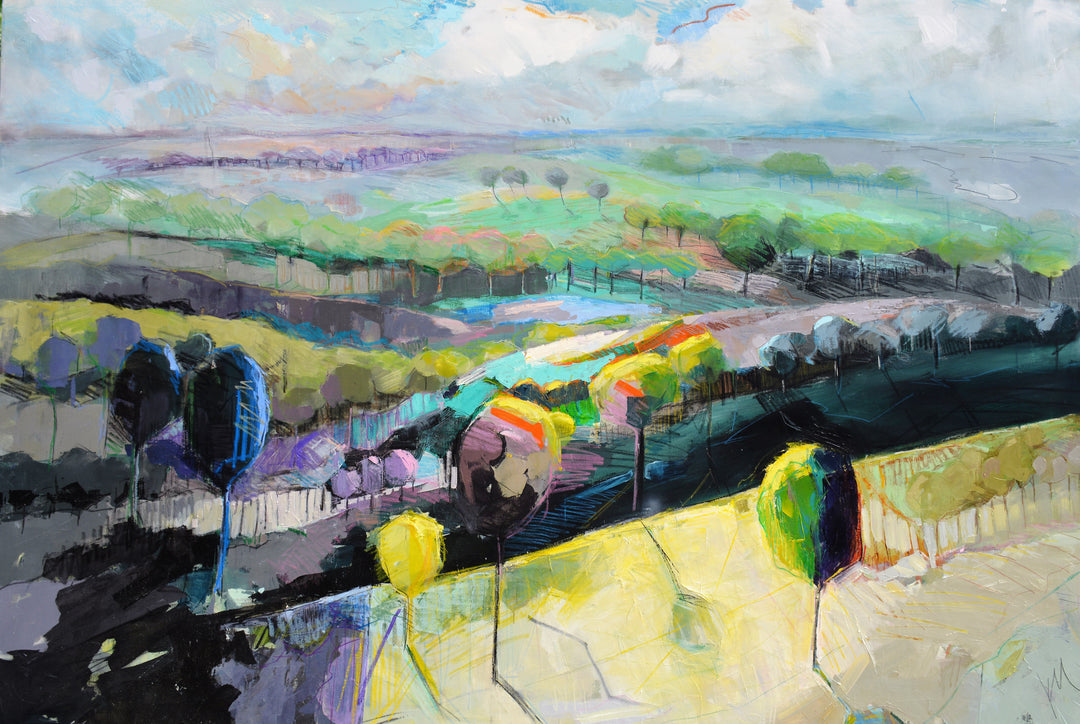 Large, colorful landscape painting  with trees and hills.