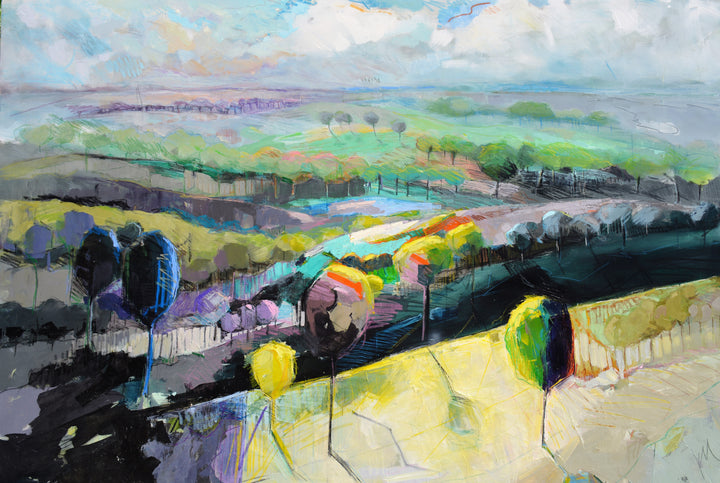 Large, colorful landscape painting  with trees and hills.