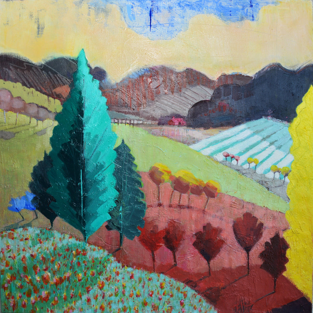 Award winning Colorful landscape oil  painting with trees, fields, and mountains.