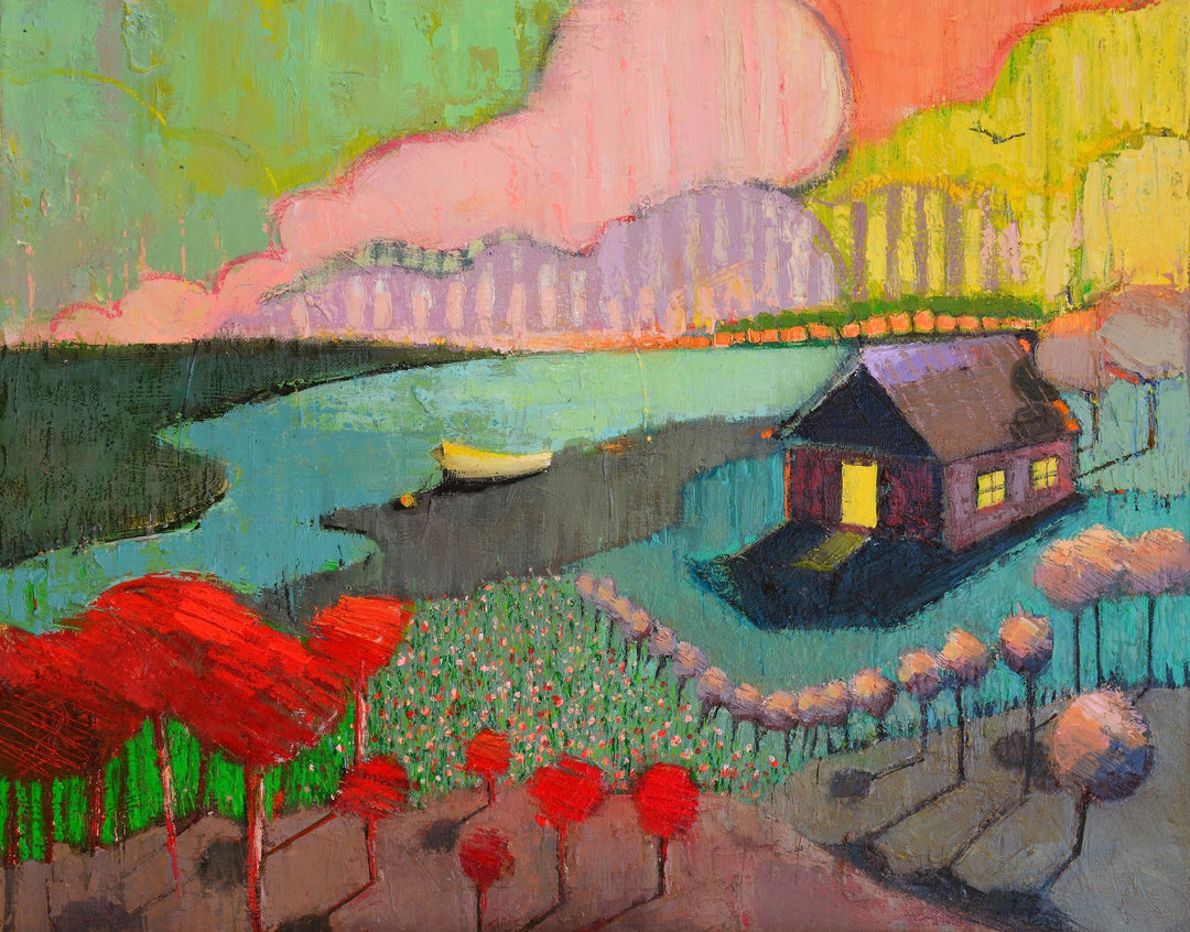 Oil Painting with a house and boat