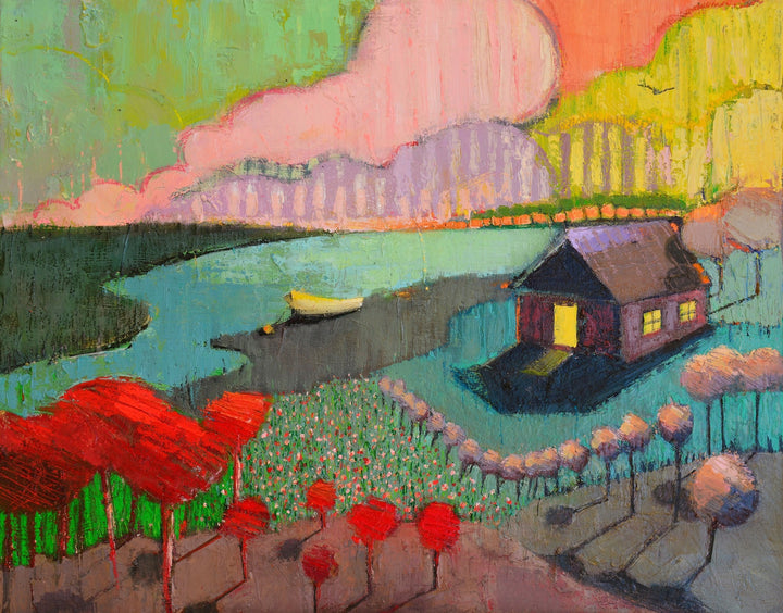 Oil Painting with a house and boat