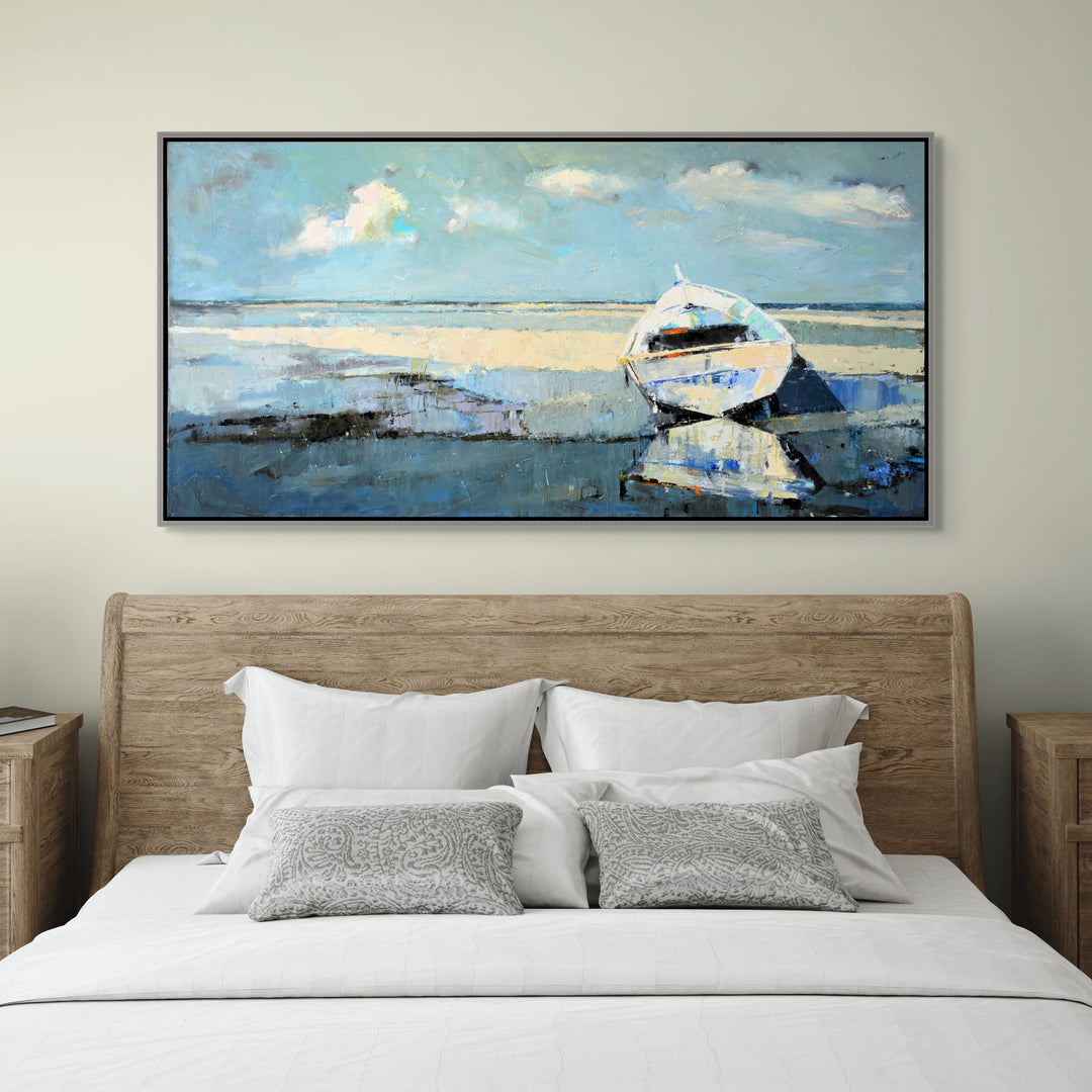 Bedroom with a large abstract painting of a boat on water above the bed.