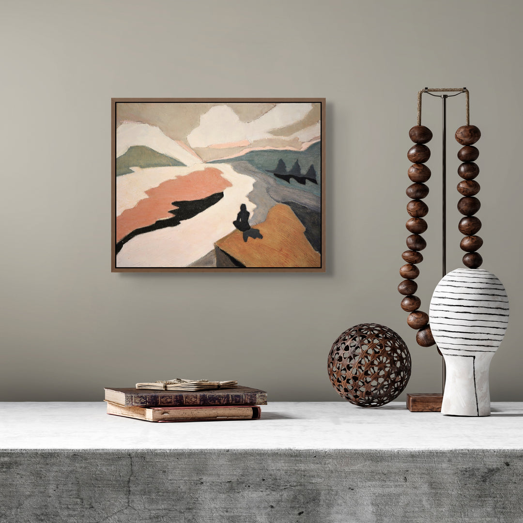 Abstract landscape painting on a wall with decorative objects on a shelf below.