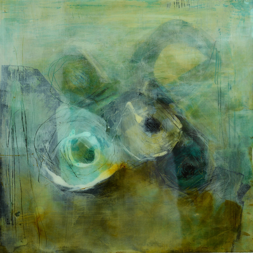Abstract painting with circle green and yellow colors