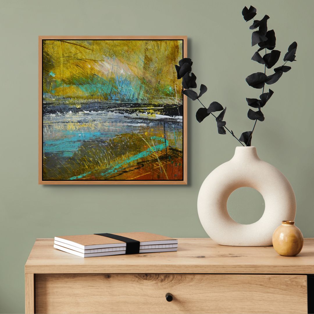 Contemporary  abstract  coastal painting with gold on a wall .