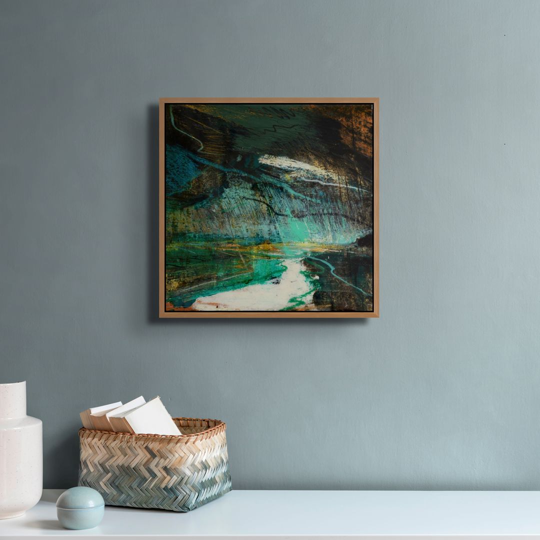 Abstract resin art on a gray wall.